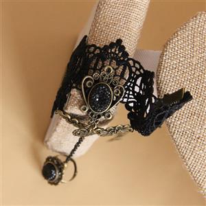 Gothic Black Lace Wristband Gem Bronze Daisy Embellished Bracelet with Ring J18162