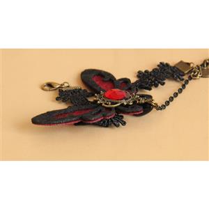 Gothic Black Lace Wristband Red Gem Butterfly Embellished Bracelet with Ring J18163