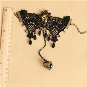 Gothic Black Lace Wristband Tigrine Time Gem Embellished Bracelet with Ring J18128