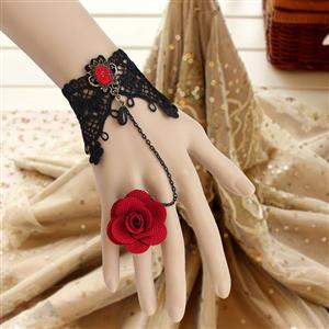 Gothic Black Lace Wristband Ruby Embellishment Bracelet with Red Rose Ring J18025