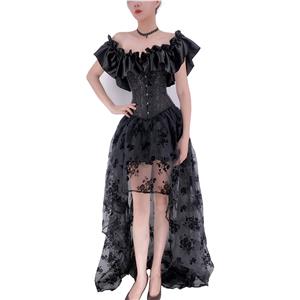 Gothic Plastic Boned Off-shoulder Strapless Overbust Corset with Organza High Low Skirt N22350