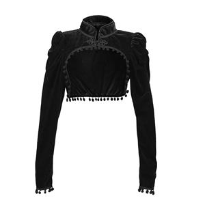 Medieval Gothic Black Velvet Stand Collar Long Sleeve Midriff Shrug Bolero with Pom-poms N19057