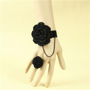 Gothic Black Velvet Wristband Rose Bracelet with Pompom Ring J18026