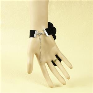 Gothic Black Velvet Wristband Rose Bracelet with Pompom Ring J18026