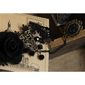 Victorian Gothic Black Lace Wristband Rose Embellished Bracelet with Ring J18063
