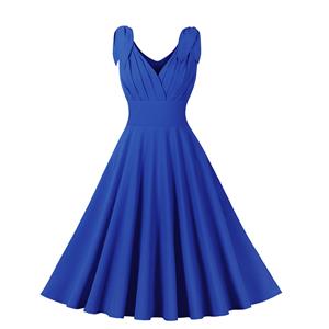 Vintage Elegant Blue Sleeveless V Neck High Waist Lace-Up A-line Dress N23025