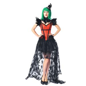 Gothic Feather Jacquard Boned Corset Organza High Low Skirt Set With Scarf And Shoulder Armor N20221