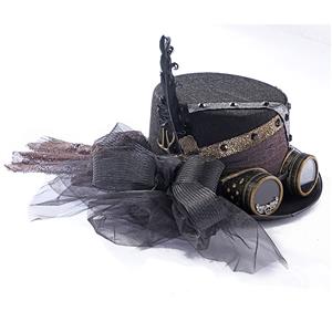 Gothic Metal Feather Lace Rivet Goggles Halloween Costume Handmade Top Hat J21221