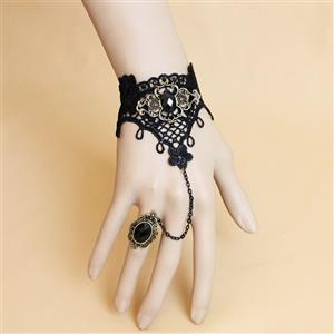 Gothic Black Floral Lace Wristband Black Gem Bracelet with Ring J18107