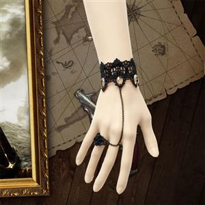 Gothic Black Floral Lace Wristband Rhinestone Bracelet with Ring J18066