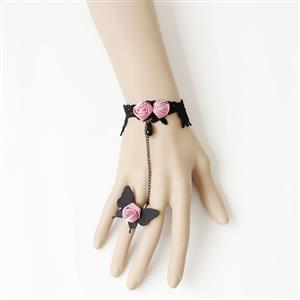 Gothic Black Lace Wristband Pink Rose Bracelet with Butterfly Ring J18105