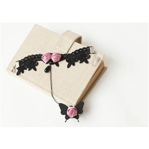 Gothic Black Lace Wristband Pink Rose Bracelet with Butterfly Ring J18105