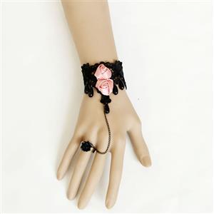 Gothic Black Floral Lace Wristband Pink Rose Bracelet with Ring J18102