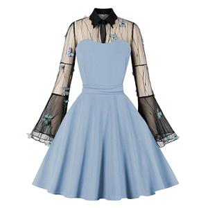 Light-blue Lapel See-through Mesh Floral Embroidered Horn Sleeve Stitching A-line Dress N22994
