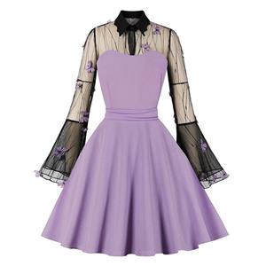 Light-purple Lapel See-through Mesh Floral Embroidered Horn Sleeve Stitching A-line Dress N22993