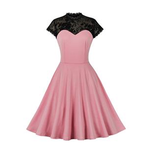Vintage Pink Floral See-through Flying Sleeve Stitching A-line Dress N22745