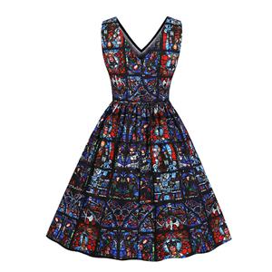 Gothic Style Notre-Dame de Paris Glass Printing Low-cut Sleeveless High Waist Midi Dress N19064