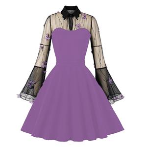 Purple Lapel See-through Mesh Floral Embroidered Horn Sleeve Stitching A-line Dress N22992
