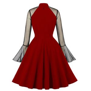 Vintage Red Half-high Collar Mesh Flare Sleeve Stitching A-line Midi Dress N23138