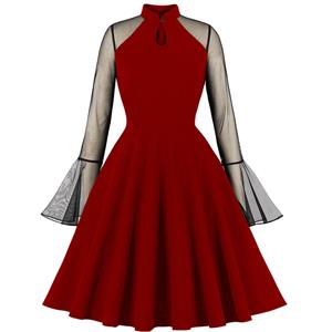 Vintage Red Half-high Collar Mesh Flare Sleeve Stitching A-line Midi Dress N23138