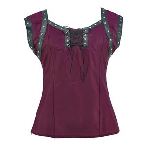 Gothic Style Rivet PU Leather Lace-up Short Sleeve Square Collar Crepe Blouse Top N18789
