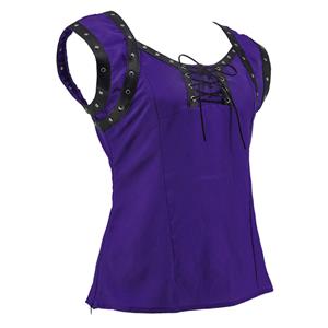 Gothic Style Rivet PU Leather Lace-up Short Sleeve Square Collar Crepe Blouse Top N18790