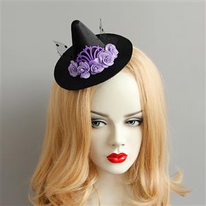 Gothic Purple Roses and Mesh Witch Pointed Hat Fascinator Party Hair Clip Hairpin Accessory J18801