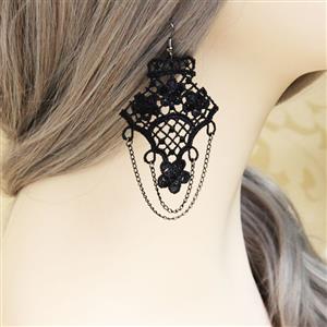 Gothic Style Black Floral Lace with Black Chains Interlaced Earrings J18406
