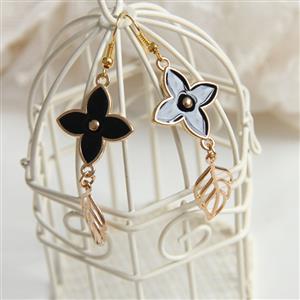Gothic Style Black Metal Flower Modeling with Golden Leaf Earrings J18434