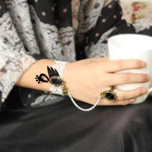 Gothic Style White Lace Wristband Swan Embellishment Bracelet with Ring J17680