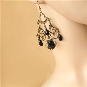 Gothic Style Gorgeous Bronze Metal Modeling with Black Beads and Gem Drop Earrings J18431