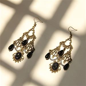 Gothic Style Gorgeous Bronze Metal Modeling with Black Beads and Gem Drop Earrings J18431
