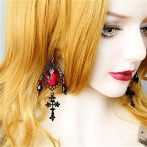 Gothic Style Metal Modeling With Red Gem And Black Beads Pendant Earrings J20109