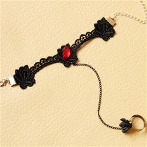 Fashion Black Gothic Rose Lace Wristband Ruby Bracelet Metal Ring J17813