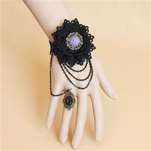Fashion Black Gothic Lace Wristband Hand-made Flower Bracelet with Ring J17875