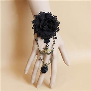 Fashion Black Gothic Lace Flower Wristband Euripean Style Bracelet with Ring J17880