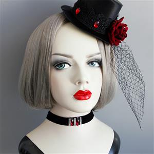 Gothic Black Velvet Rhinestone and Ruby Embellishment Choker Necklace J18803