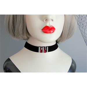 Gothic Black Velvet Rhinestone and Ruby Embellishment Choker Necklace J18803