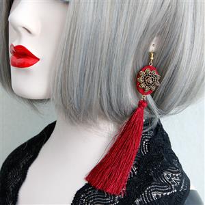 Gothic Style Red Tassel Exquisite Bronze Rose Metal Earrings J18382