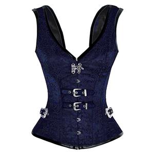 Vested Brocade Gothic Overbust Corset, Steel Boned Corset, Steampunk Corset Vest for Women, Gothic Black Dupion Thick Strap Overbust Corset, #N11459