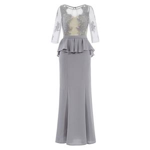 Women's Gray Half Sleeve Round Neck Appliques Ruffles Evening Dress N15837