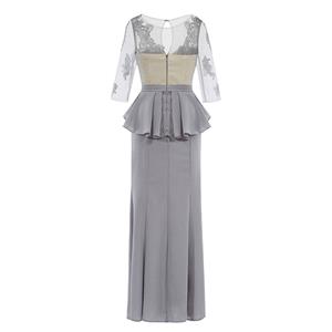 Women's Gray Half Sleeve Round Neck Appliques Ruffles Evening Dress N15837