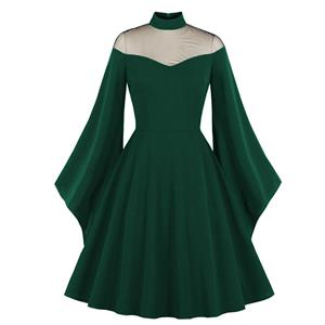 Green Gothic See-through Mesh Patchwork Stand Neck Flare Sleeve Vampire Retro Midi Dress N23000