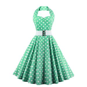 Vintage Wave Point Printing Green Hanging Neck Backless Cocktail Party Midi Dress N23001