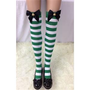 Christmas Green-white Strips Black Bowknot with Bell Maid Cosplay Stockings HG18546