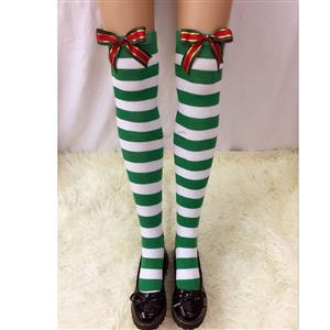 Christmas Green-white Strips Christmas Color Bowknot Maid Cosplay Stockings HG18547
