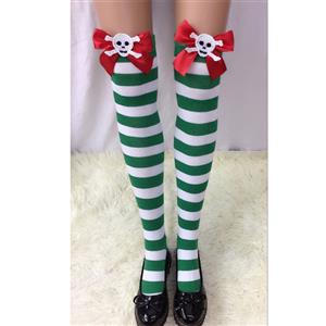 Halloween Green-white Strips Red Bowknot with Skeleton Maid Cosplay Stockings HG18560