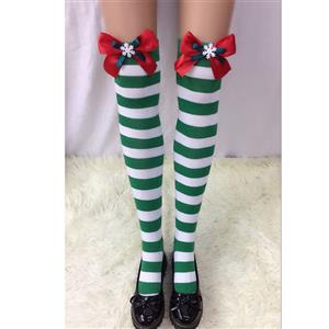 Christmas Green-white Strips Red Bowknot with Snowflake Maid Cosplay Stockings HG18544