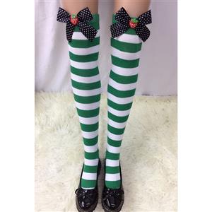 Lovely Green-white Strips Spots Bowknot with Strawberry Maid Cosplay Stockings HG18557
