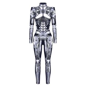Grey Robot 3D Printed High Neck Long Bodycon Jumpsuit Halloween Costume N22324